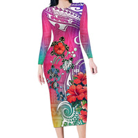 Hawaii Turtle Long Sleeve Bodycon Dress Turtles Hibiscus With Hawaii Pattern Gradient - Wonder Print Shop