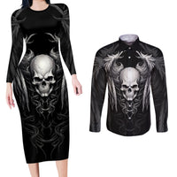 Skull and Wings Couples Matching Long Sleeve Bodycon Dress and Long Sleeve Button Shirts Even The Devil Was Once An Angel - Wonder Print Shop