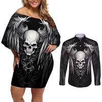 Skull and Wings Couples Matching Off Shoulder Short Dress and Long Sleeve Button Shirts Even The Devil Was Once An Angel - Wonder Print Shop