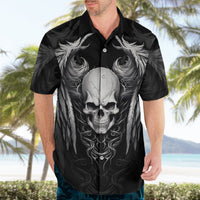 Black Hawaiian shirt with skull and feathered wings print, button-up front.