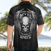 Black Hawaiian shirt with back skull design and “Was once an angel” text.