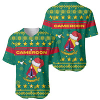 Cameroon Christmas Baseball Jersey with Green Red Pattern Coat of Arms Santa Hat and Stars Motif - Wonder Print Shop