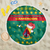 Cameroon Christmas Beach Blanket with Green Red Pattern Coat of Arms Santa Hat and Stars Motif - Wonder Print Shop