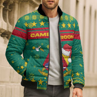 Cameroon Christmas Bomber Puffer Jacket with Green Red Pattern Coat of Arms Santa Hat and Stars Motif - Wonder Print Shop