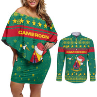 Cameroon Christmas Couples Matching Off Shoulder Short Dress and Long Sleeve Button Shirt with Green Red Pattern Coat of Arms Santa Hat and Stars Motif - Wonder Print Shop
