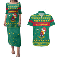 Cameroon Christmas Couples Matching Puletasi and Hawaiian Shirt with Green Red Pattern Coat of Arms Santa Hat and Stars Motif - Wonder Print Shop