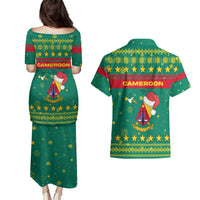 Cameroon Christmas Couples Matching Puletasi and Hawaiian Shirt with Green Red Pattern Coat of Arms Santa Hat and Stars Motif - Wonder Print Shop
