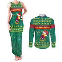 Cameroon Christmas Couples Matching Tank Maxi Dress and Long Sleeve Button Shirt with Green Red Pattern Coat of Arms Santa Hat and Stars Motif - Wonder Print Shop