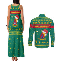 Cameroon Christmas Couples Matching Tank Maxi Dress and Long Sleeve Button Shirt with Green Red Pattern Coat of Arms Santa Hat and Stars Motif - Wonder Print Shop