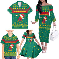 Cameroon Christmas Family Matching Off The Shoulder Long Sleeve Dress and Hawaiian Shirt with Green Red Pattern Coat of Arms Santa Hat and Stars Motif - Wonder Print Shop