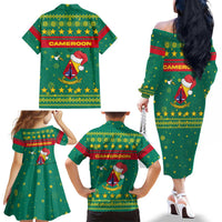 Cameroon Christmas Family Matching Off The Shoulder Long Sleeve Dress and Hawaiian Shirt with Green Red Pattern Coat of Arms Santa Hat and Stars Motif - Wonder Print Shop