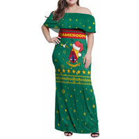 Cameroon Christmas Family Matching Off Shoulder Maxi Dress and Hawaiian Shirt with Green Red Pattern Coat of Arms Santa Hat and Stars Motif - Wonder Print Shop