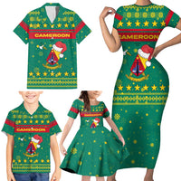 Cameroon Christmas Family Matching Short Sleeve Bodycon Dress and Hawaiian Shirt with Green Red Pattern Coat of Arms Santa Hat and Stars Motif - Wonder Print Shop
