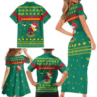 Cameroon Christmas Family Matching Short Sleeve Bodycon Dress and Hawaiian Shirt with Green Red Pattern Coat of Arms Santa Hat and Stars Motif - Wonder Print Shop