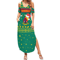 Cameroon Christmas Family Matching Summer Maxi Dress and Hawaiian Shirt with Green Red Pattern Coat of Arms Santa Hat and Stars Motif - Wonder Print Shop