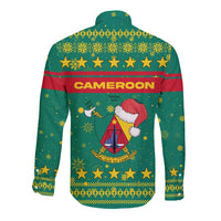 Cameroon Christmas Long Sleeve Button Shirt with Green Red Pattern Coat of Arms Santa Hat and Stars Motif - Wonder Print Shop