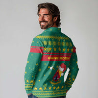 Cameroon Christmas Long Sleeve Polo Shirt with Green Red Pattern Coat of Arms Santa Hat and Stars Motif - Wonder Print Shop