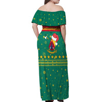 Cameroon Christmas Off Shoulder Maxi Dress with Green Red Pattern Coat of Arms Santa Hat and Stars Motif - Wonder Print Shop
