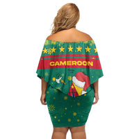 Cameroon Christmas Off Shoulder Short Dress with Green Red Pattern Coat of Arms Santa Hat and Stars Motif - Wonder Print Shop