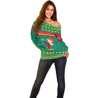 Cameroon Christmas Off Shoulder Sweater with Green Red Pattern Coat of Arms Santa Hat and Stars Motif - Wonder Print Shop