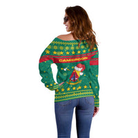 Cameroon Christmas Off Shoulder Sweater with Green Red Pattern Coat of Arms Santa Hat and Stars Motif - Wonder Print Shop