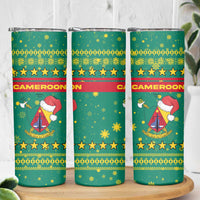 Cameroon Christmas Skinny Tumbler with Green Red Pattern Coat of Arms Santa Hat and Stars Motif - Wonder Print Shop