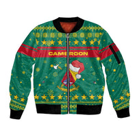 Cameroon Christmas Sleeve Zip Bomber Jacket with Green Red Pattern Coat of Arms Santa Hat and Stars Motif - Wonder Print Shop