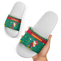 Cameroon Christmas Slide Sandals with Green Red Pattern Coat of Arms Santa Hat and Stars Motif - Wonder Print Shop