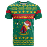 Cameroon Christmas T Shirt with Green Red Pattern Coat of Arms Santa Hat and Stars Motif - Wonder Print Shop