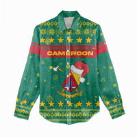 Cameroon Christmas Women Casual Shirt with Green Red Pattern Coat of Arms Santa Hat and Stars Motif - Wonder Print Shop