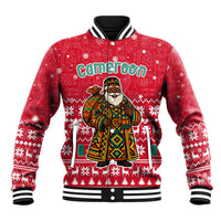 Cameroon Christmas Baseball Jacket with Red Snowflake Pattern Traditional Santa and Map Motif - Wonder Print Shop