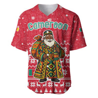 Cameroon Christmas Baseball Jersey with Red Snowflake Pattern Traditional Santa and Map Motif - Wonder Print Shop