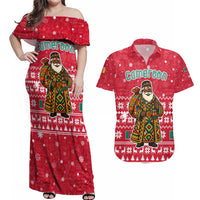 Cameroon Christmas Couples Matching Off Shoulder Maxi Dress and Hawaiian Shirt with Red Snowflake Pattern Traditional Santa and Map Motif - Wonder Print Shop