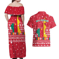 Cameroon Christmas Couples Matching Off Shoulder Maxi Dress and Hawaiian Shirt with Red Snowflake Pattern Traditional Santa and Map Motif - Wonder Print Shop