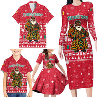Cameroon Christmas Family Matching Long Sleeve Bodycon Dress and Hawaiian Shirt with Red Snowflake Pattern Traditional Santa and Map Motif - Wonder Print Shop
