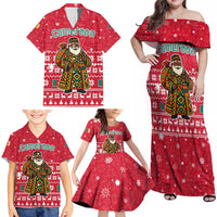 Cameroon Christmas Family Matching Off Shoulder Maxi Dress and Hawaiian Shirt with Red Snowflake Pattern Traditional Santa and Map Motif - Wonder Print Shop