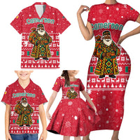 Cameroon Christmas Family Matching Short Sleeve Bodycon Dress and Hawaiian Shirt with Red Snowflake Pattern Traditional Santa and Map Motif - Wonder Print Shop
