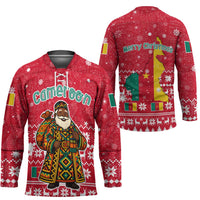 Cameroon Christmas Hockey Jersey with Red Snowflake Pattern Traditional Santa and Map Motif - Wonder Print Shop