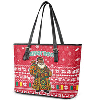 Cameroon Christmas Leather Tote Bag with Red Snowflake Pattern Traditional Santa and Map Motif - Wonder Print Shop