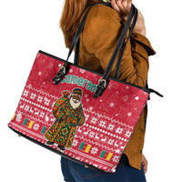 Cameroon Christmas Leather Tote Bag with Red Snowflake Pattern Traditional Santa and Map Motif - Wonder Print Shop