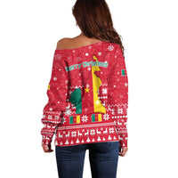 Cameroon Christmas Off Shoulder Sweater with Red Snowflake Pattern Traditional Santa and Map Motif - Wonder Print Shop