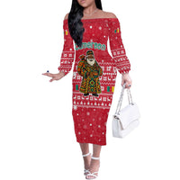 Cameroon Christmas Off The Shoulder Long Sleeve Dress with Red Snowflake Pattern Traditional Santa and Map Motif - Wonder Print Shop