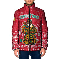 Cameroon Christmas Padded Jacket with Red Snowflake Pattern Traditional Santa and Map Motif - Wonder Print Shop