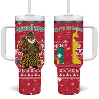 Cameroon Christmas Tumbler With Handle with Red Snowflake Pattern Traditional Santa and Map Motif - Wonder Print Shop