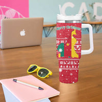 Cameroon Christmas Tumbler With Handle with Red Snowflake Pattern Traditional Santa and Map Motif - Wonder Print Shop