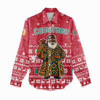 Cameroon Christmas Women Casual Shirt with Red Snowflake Pattern Traditional Santa and Map Motif - Wonder Print Shop