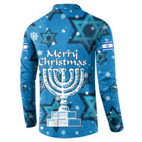 Israel Christmas Button Sweatshirt with Blue Star of David Pattern and Menorah Motif - Wonder Print Shop