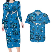Israel Christmas Couples Matching Long Sleeve Bodycon Dress and Hawaiian Shirt with Blue Star of David Pattern and Menorah Motif - Wonder Print Shop