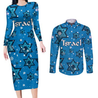 Israel Christmas Couples Matching Long Sleeve Bodycon Dress and Long Sleeve Button Shirt with Blue Star of David Pattern and Menorah Motif - Wonder Print Shop