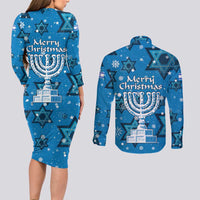 Israel Christmas Couples Matching Long Sleeve Bodycon Dress and Long Sleeve Button Shirt with Blue Star of David Pattern and Menorah Motif - Wonder Print Shop